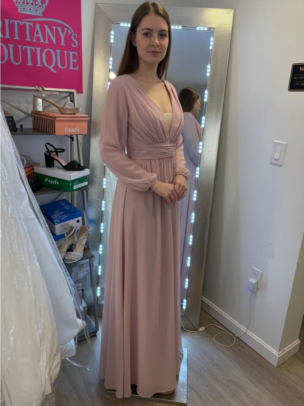 Christina Wu ballet slipper/nude Long Sleeve V-Neck Maxi Dress